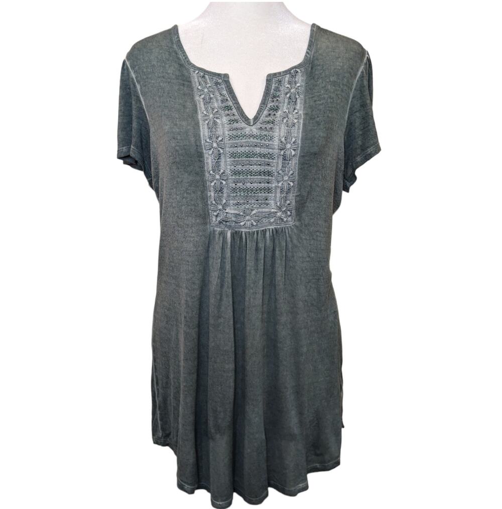 World Unity Embroidered Studded Boho Grey Green Tunic Small